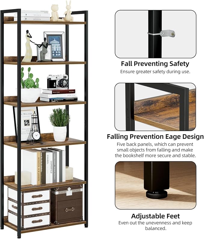 NUMENN Bookshelf, 6 Tier Freestanding Shelving Unit, Vintage | Metal Frame & Wood Shelves, Falling Prevention Baffle, Open Storage Bookcase for Bedroom, Living Room & Home Office