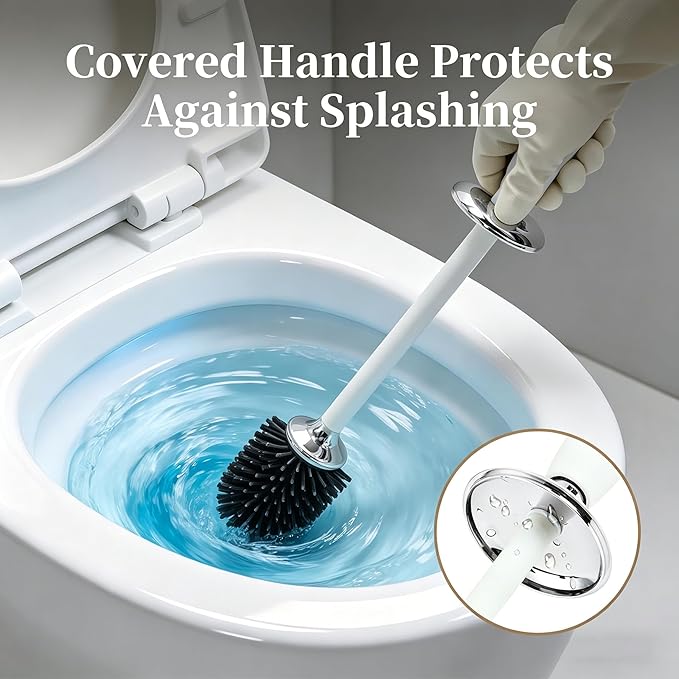 Toilet Bowl Brush and Holder Set, Plunger and Brush Set with Long Handle, High-End Modern Silicone Toilet Brush Set, Non-Scratch, Odor-Free Design(Matte White + Silver, B)