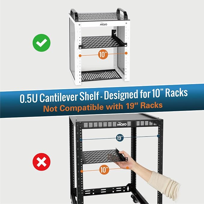 Tecmojo 0.5U Rack Mount Shelf for 10" Server Rack, 10.23" Deep Vented Cantilever Tray, Metal Shelf for Network Cabinet, Server Enclosure, Enhanced Airflow, Black