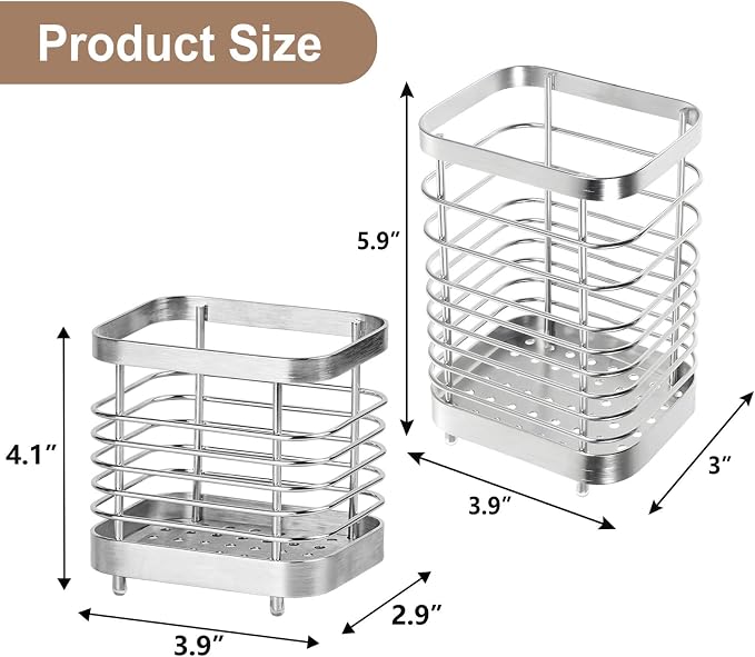 Utensil Holder, Stainless Steel Utensil Drying Rack for Kitchen Counter, Silverware Cutlery Flatware Holder Forks, Knives, Spoons, Chopsticks Organizer (Silver)