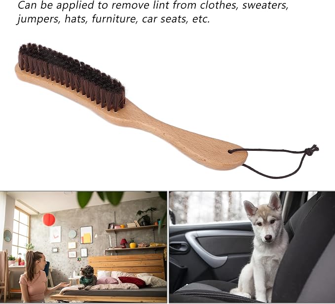 Clothes Brush Garment Brush Lint Remover Brush with Genuine Soft Horsehair and Wooden Handle for Coat Men Suits Shoes Jacket Furniture Car Mat and Pet Hair