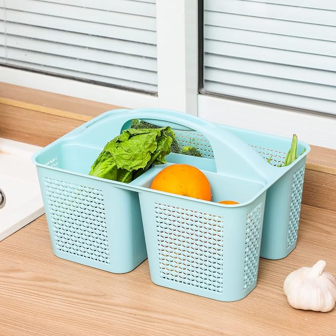 Plastic Portable Shower Caddy Basket with Handle, 3 Compartments, Blue | Storage Organizer with Drain Holes, Sturdy and Durable For Bathroom, Kitchen, College Dorm, Sink, Camping