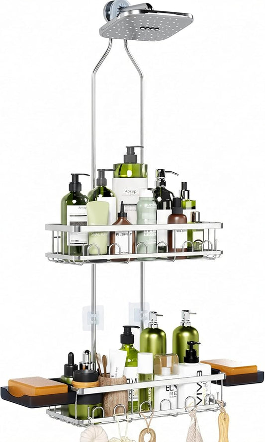 Skyapex Shower Caddy Hanging: Adjustable Height, Rustproof Shelves with Hooks, 2 Soap Holders - Silver Shower Organizer Over Showerhead