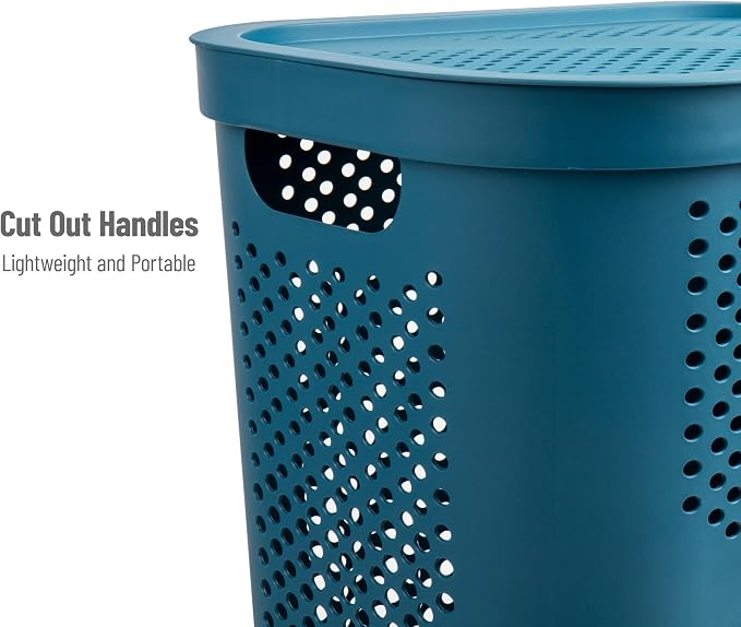 Mind Reader Slim Laundry Hamper with Lid, 60L Clothes Basket, Ventilated Plastic, Blue