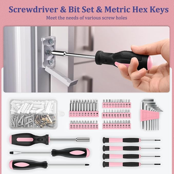 Sundpey 281 Pcs Home Tool Kit Portable Complete General Hand Tool Set Pink | with Socket Wrench Set & Screwdrivers & Hex Keys & Pliers Set,Women Toolbox Set for Household Car House Garage Apartment Dorm