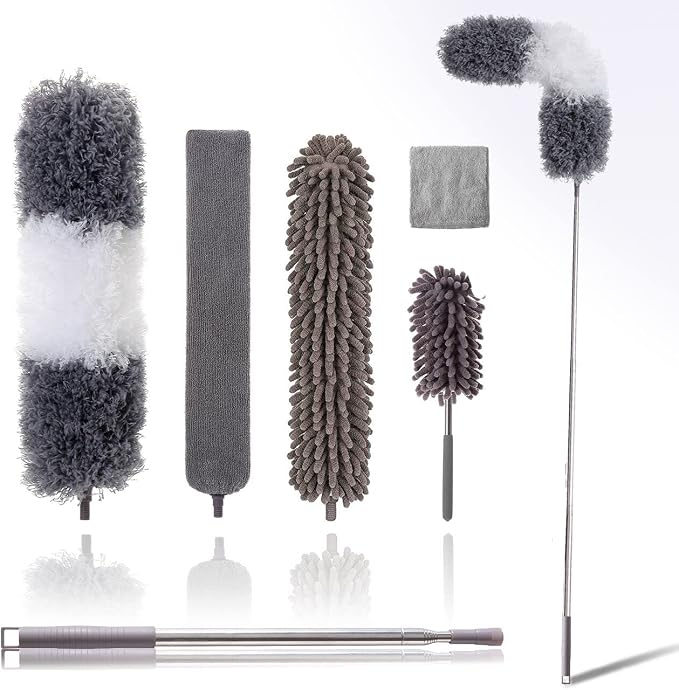 Microfiber Duster Kit for High Ceiling (6pcs), Extendable Dusters for Cleaning with 100" Extension Pole, Long Feather Duster for Fan/Car, House Cleaning Tool Kit by OOSOFITT