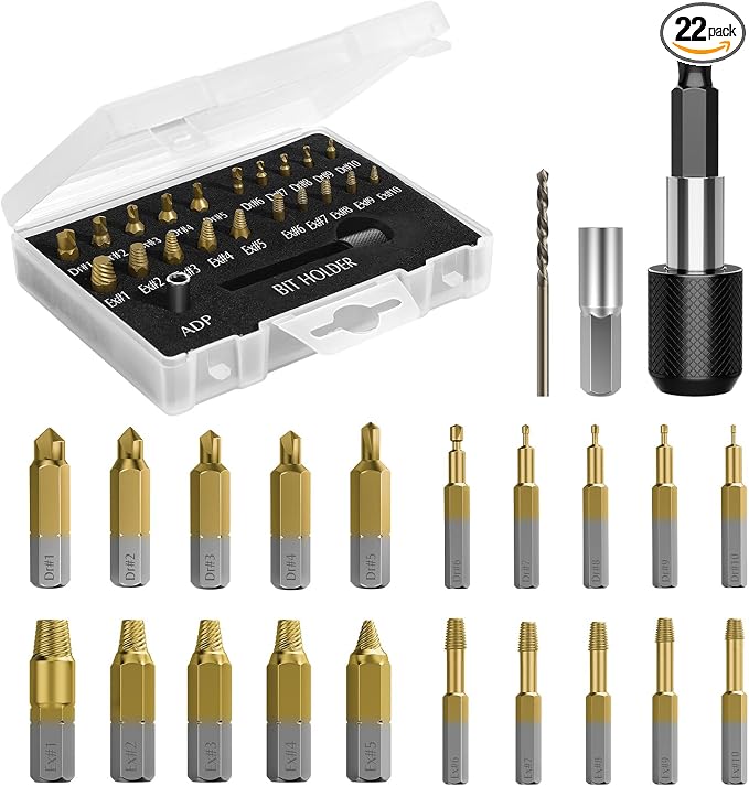 Nuovoware Damaged Screw Extractor Set, 22 PCS Stripped Screw Extractor Kit | All-purpose HSS Broken Screw Remover Set with Magnetic Extension Bit Holder & Socket Adapter, Gold