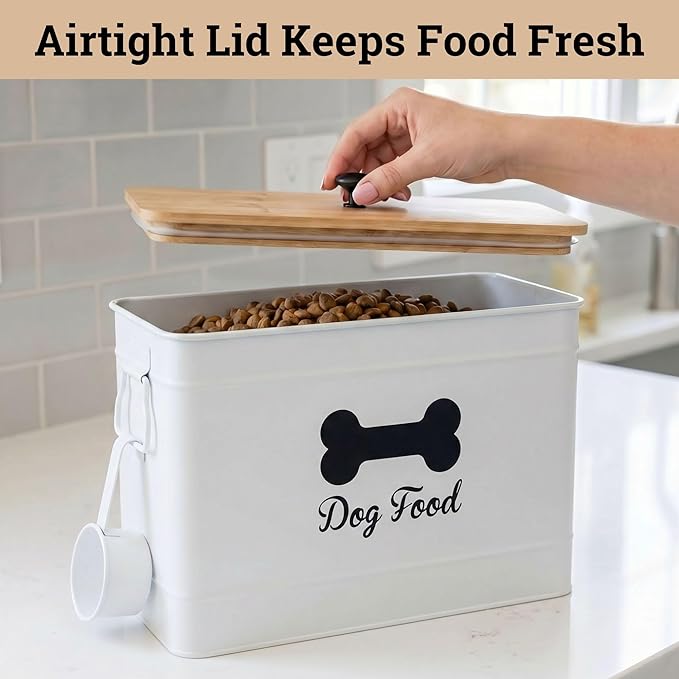 Dog Food Container Airtight Bamboo Lid 15-20 lb Sturdy Metal Handle 70 Cups | Pet Jar For Dogs up to 100lbs, Airtight Bamboo Lid, Sturdy Comfortable Metal Handle, Powder Coated Iron, Kibble Storage Bin