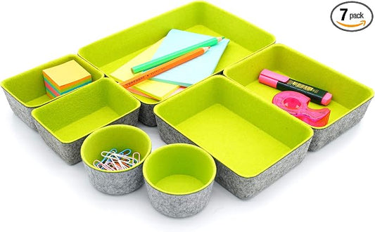 Welaxy Drawer organizer bin felt trays desk storage dividers for home office supplies Nightstand sort catchall entryway 7-piece Pack gift idea (Green)