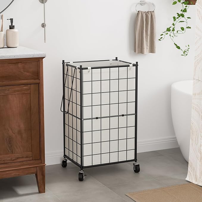 WOWLIVE Rolling Laundry Basket, Metal Wire Frame Laundry Hamper with Wheels | Hamper with Removable Bag, 100L Dirty Clothes Hamper Organizer Dorm Room Storage for Bedroom, Bathroom, Black and White