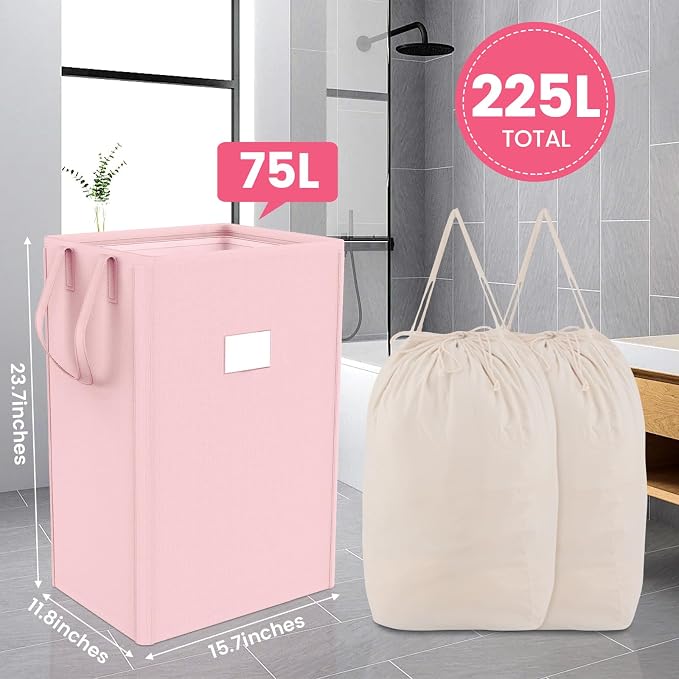 MCleanPin 210L Pink Laundry Hamper Large Collapsible Basket with Laundry Bags, Dirty Clothes Hamper,Laundry Basket with Handles,Washable Laundry Bags,Foldable Dorm Hamper for College (Rose Pink)