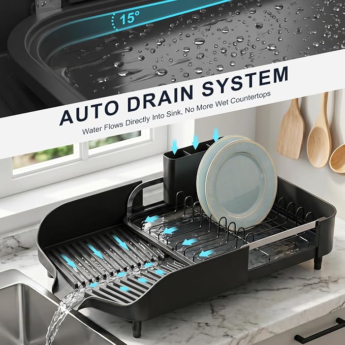PULIDIKI Dish Drying Rack, Expandable Dish Rack for Kitchen Counter, Stainless Steel Dish Drainer with Utensil Holder, Kitchen Plate Organizer for Cup and Bottle
