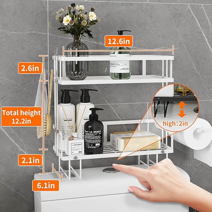 Godboat 2-Tier Over Toilet Storage Shelf, Wall-Mount with 2 Hook/Paper Rack | Bathroom Organizers and Storage Cabinet, Behind/Above/On/Top/Back Tank Shelves, Decor for Bathroom/Restroom/Kitchen/Bedroom