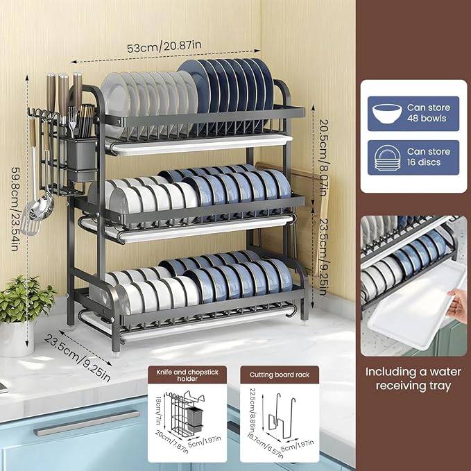 Dish Drainers for Kitchen Counter, 3 Tier Large Dish Drying Rack with Drainboard & Utensil Holders Carbon Steel Dishes Drying Rack for Kitchen Counter Storage