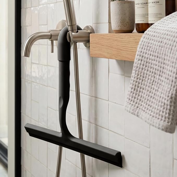 Shower Squeegee for Glass Doors, 10 Inch Silicone Shower Squeegee with Built-in Hook, Squeegee for Shower Glass, Bathroom Shower Door Squeegee for Tile Wall, Mirror, Window, Car Glass (Black)