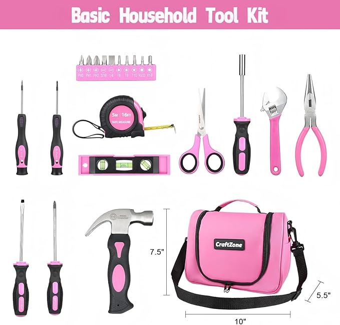 Pink Tool Set,Tool Bag for Women with Shoulder Strap,Basic Tool Kit,21Pcs,Tool Pouch with Zipper,Portable Tool Bag with Tools for Home|Dorm|Office|DIY|Desk|Apartment