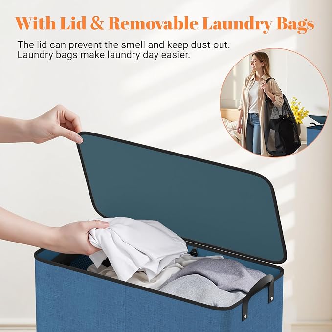 155L 2 Section Laundry Hamper with Lid, Laundry Basket, Blue | Large Laundry Hampers with Reinforced Handles & Removable Bags, Tall Dirty Clothes Hamper for Laundry Room, Bedroom, Bathroom