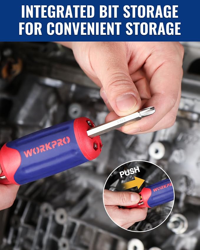 WORKPRO 12-in-1 Ratcheting Multi-Bit Screwdriver Set | Quick-load Mechanism Screwdriver with Double End Bits in Handle