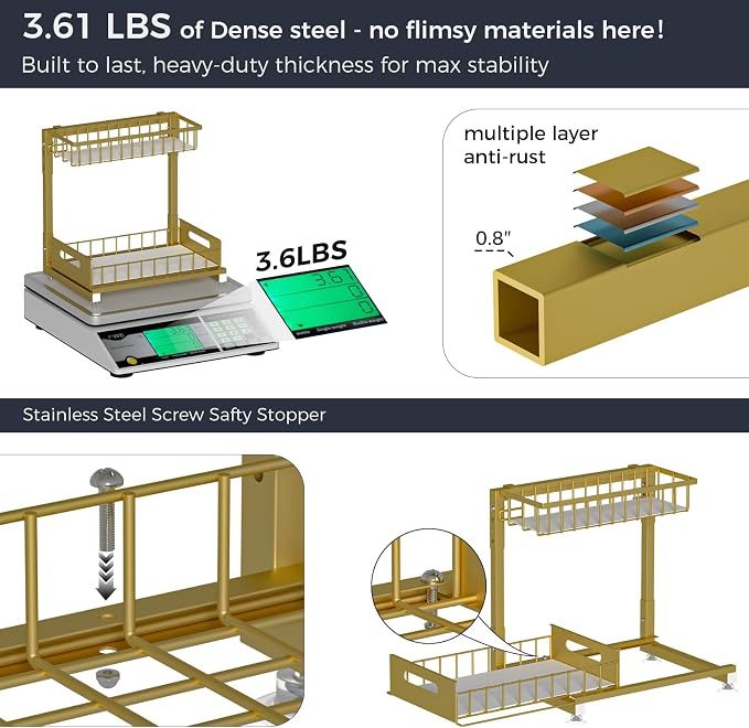 Saydear L-Shaped Under Sink Organizer, 2-Tier Pull-out Cabinet Rack 1-Pack | Gold Height-Adjustable Steel Rack, Sliding Grid Drawers with PP Liners, Holds 100 Lbs, Suction Base, Ideal Kitchen Storage