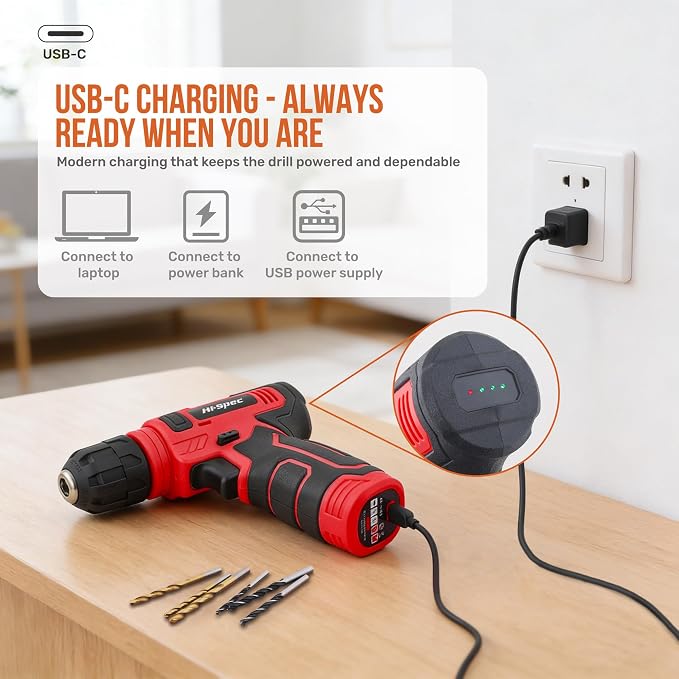 Hi-Spec 8V Cordless Drill Set and Starter Tool Kit for Home Projects, Red | Rechargeable USB, Repairs and Maintenance, DIY, faster holes and screwdriving, light-duty projects, home setup help