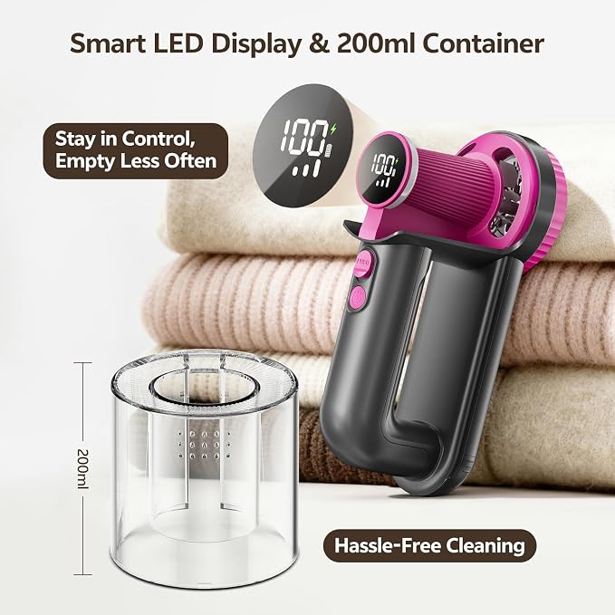 Rechargeable Fabric Shaver, 2-in-1 Lint Remover with 6-Blade | For sweaters, blankets, coats and cloth upholstery, with 200ml container, LED display, USB-C charging and 3 speeds