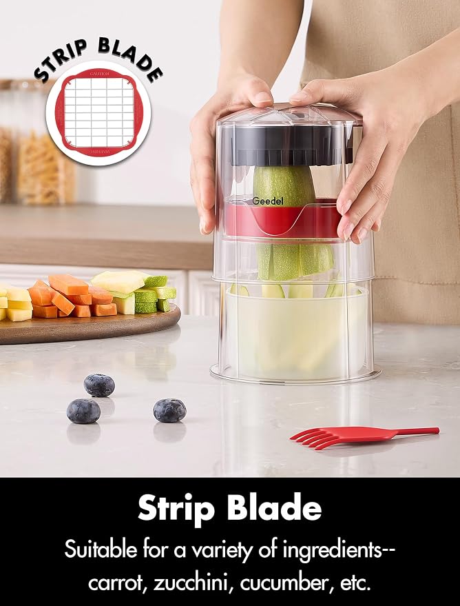French Fry Cutter, Professional Home Style Onion Chopper, Vegetable Chopper Dicer Manual, Easy to Clean, Ultra Sharp Blades Thick-Strip Fry Cutter Apple Slicer and Corer, 3 Blades