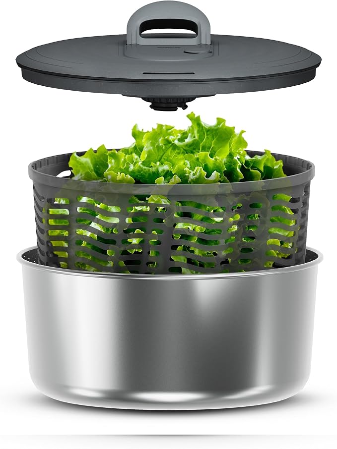 Zyliss Easy Spin Salad Spinner Stainless Steel Small, Non-Slip Base, Serving Bowl, AquaVent™ Technology, Retractable Cord and Brake System, Easy to Clean