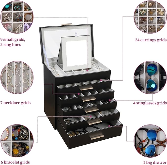 BOOVO Jewelry Boxes for Women, White and Black 6 Layer Large Jewelry Box for Necklace, Bracelet, Earrings, Rings Storage, Jewelry holder Organizer for Girls Gift (Clear Black, 6 layer)