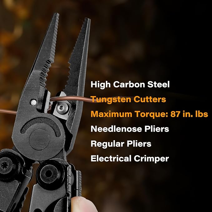 21-in-1 Scissors & Pliers Multitool w/Tungsten Cutters, Self-Locking | Durable Heavy-duty EDC Kit for Camping, Repair, DIY & Outdoor Survival, Nylon Pouch (Black)