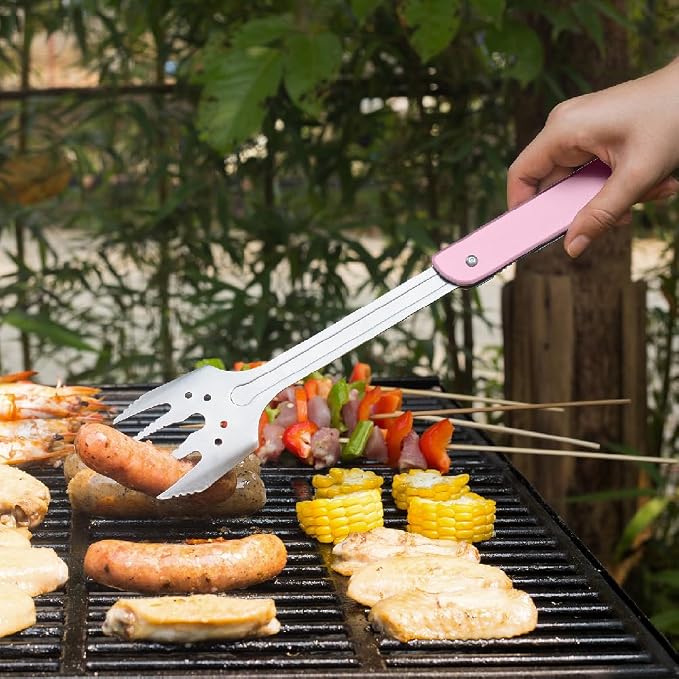ROXON S601 6-in-1 Folding Grill Tool Set, 14" BBQ Utensils for Camping Pink | Includes Fork, Spatula, Knife, Tongs, Bottle Opener & Corkscrew. LFGB Certified, Dishwasher-Safe, Portable for Outdoor BBQ