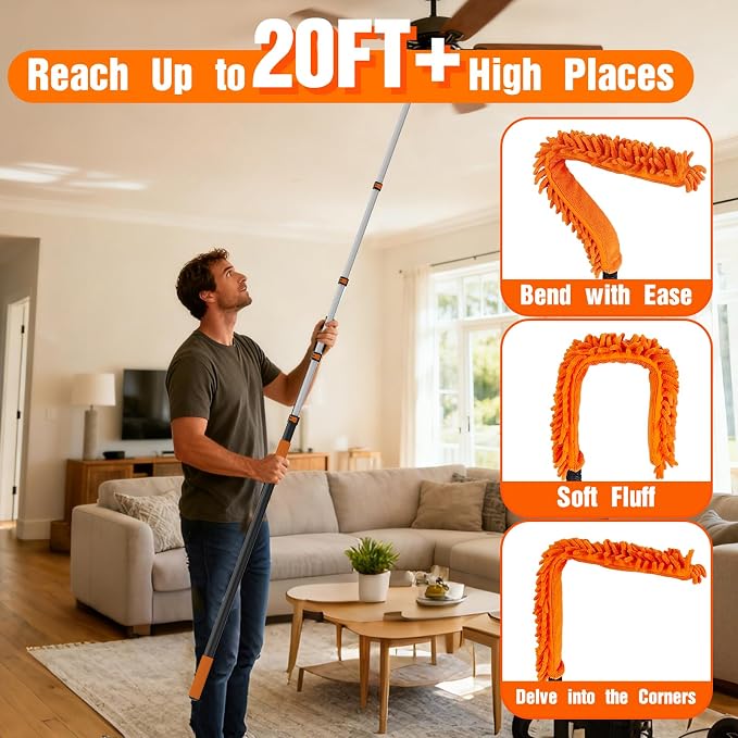 SISUPASSIE 20FT Duster Cleaner Kit, Dusters for Cleaning with Extension Pole, Baseboard & Wall and Window Cleaner Mop for Fan Blades, High Ceiling and Cobweb
