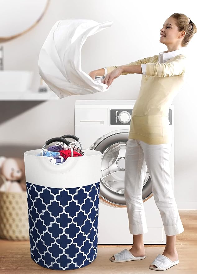 Large Laundry Basket 75L Tall Collapsible Hamper with Handles for Dorm Blue | Freestanding Laundry Hamper, Waterproof Dirty Clothes Storage Bag for College, Bathroom, Foldable Washing Bin for Travel