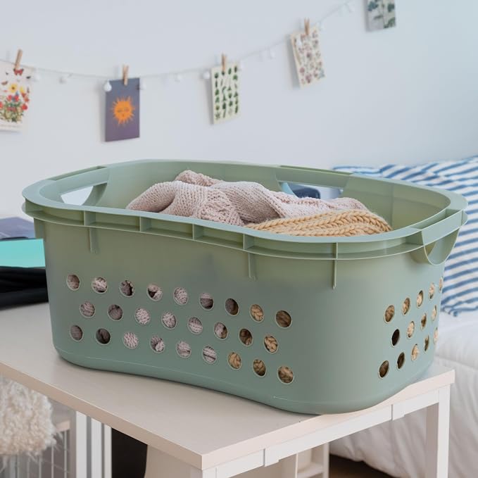 IRIS USA Laundry Basket, 51L Plastic Hip Hold Hamper, 4 Pack, Sage Green | Lightweight ventilated laundry basket with hip-hold handles for everyday clothes, towels, and bedding.