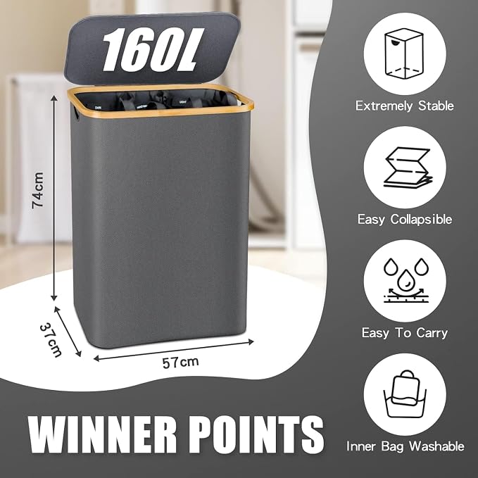 Hampers for Laundry Basket with Lid, 160L Large Laundry Hamper 3 Section | Dirty Clothes Hamper Separator with 3 Removable Bags & 5 Labels, Divided Laundry Organizer for Bedroom, Laundry Room, Gray