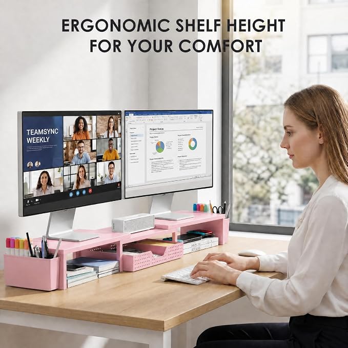 OPNICE Desk Organizers and Accessories, Dual Monitor Stand Riser with Drawer and 2 Pen Holders, Desk Shelf Computer Racks for Office Workspace Organizers, Desktop Organization (Peach-pink)