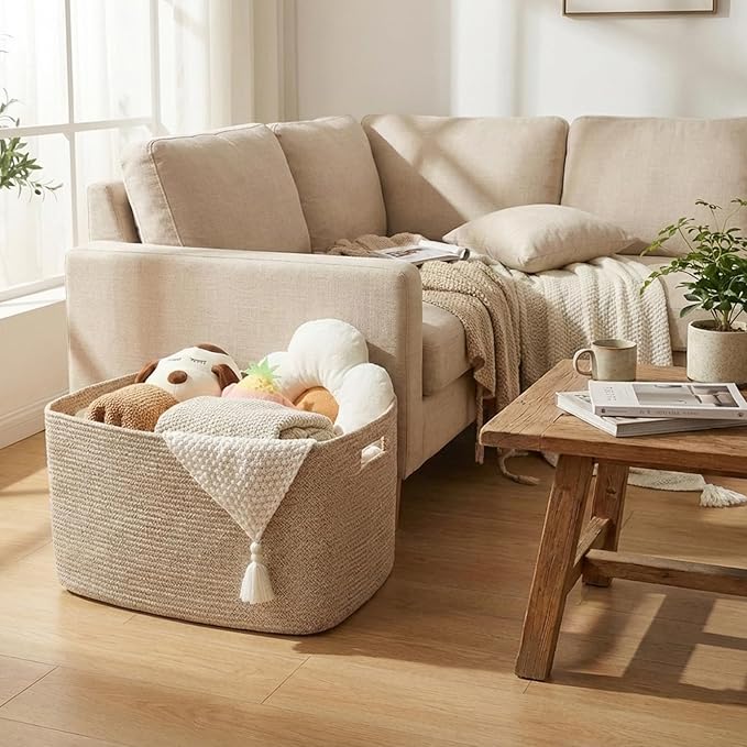 JMvicyroam 65L Large Woven Cotton Rope Blanket Basket, Oatmeal | Blanket Storage for Living Room or Bedroom Use, Freestanding with Reinforced Handles, Entire Basket is Machine Washable