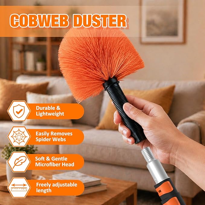 LAANPOLE 20FT Cobweb Duster with Extension Pole, Spider Web Brush for Cleaning Extendable, Professional Ceiling and Corner Dusters for Outdoor Indoor Use