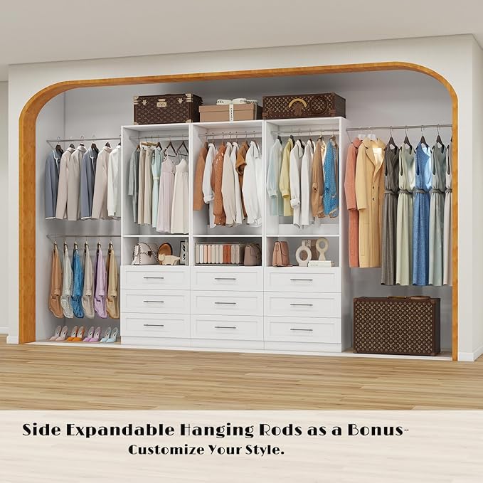 Dilando Closet System with 9 Drawers, 6FT-15FT Closet Organizer System Modular Custom Walk-in Closet Corner Small Freestanding Closets Storage Clothes Rack with 6 Hanging Rods White (6FT)