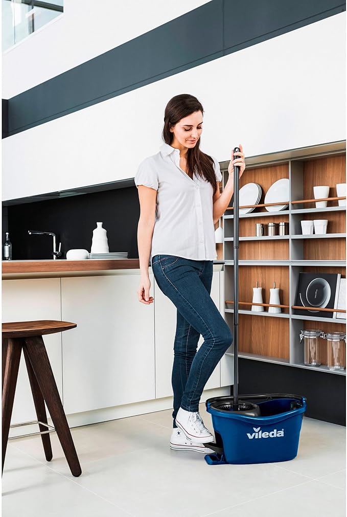 Vileda Turbo EasyWring & Clean Floor Mop Complete Set, Mop and Bucket with Power Spinner, Blue