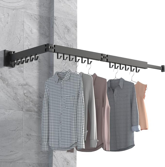 Wall Mounted Clothes Hanger Rack, Retractable Clothes Drying Rack Folding Indoor, Laundry Drying Rack, Space Saver Clothes Rack,Collapsible(Tri-Fold),with 18 J-Hooks Laundry Rack Black