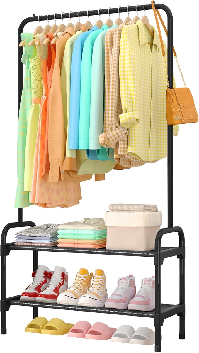 Sakugi Clothes Rack - 29.3" × 12.5" × 59.6" Clothing Rack and Shoe Rack with Anti-Slip Stopper, Large Capacity Rack with 2-Tier Shoe Organizer, Clothes Organizer for Bedroom, Entrance, Laundry, Black