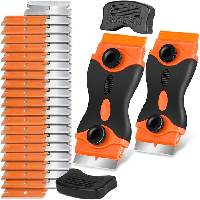 Razor Blade Scraper Tool - Razor Scraper with 40 Metal & Plastic Blades | Scrapper for Cleaning Paint, Decal, Adhesive, Label & Caulk, Glass Scraper for Window, Cooktop, Oven & Stove Top(Orange)