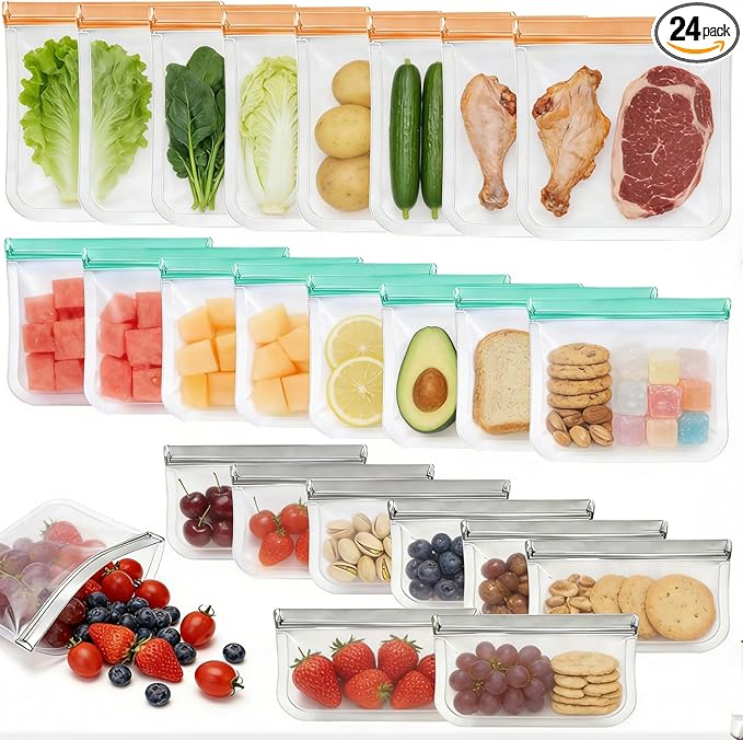 24 Pack Silicone Bags for Food Storage,Freezer,Microwave & Dishwasher Safe,Leakproof Food Storage Bags,Reusable Freezer Ziploc Bags,Sandwich Snack Baggies-8 Gallon 8 Snack 8 Sandwich Bags,3 Colors