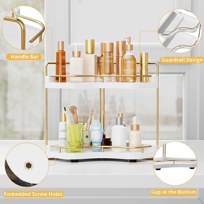 2-Tier Corner Bathroom Counter Organizer, Larger Size | Embedded Screw Holes, Sturdy & Stable, Oversized, Holds More, Vanity Shelf for Makeup & Skincare, White Gold