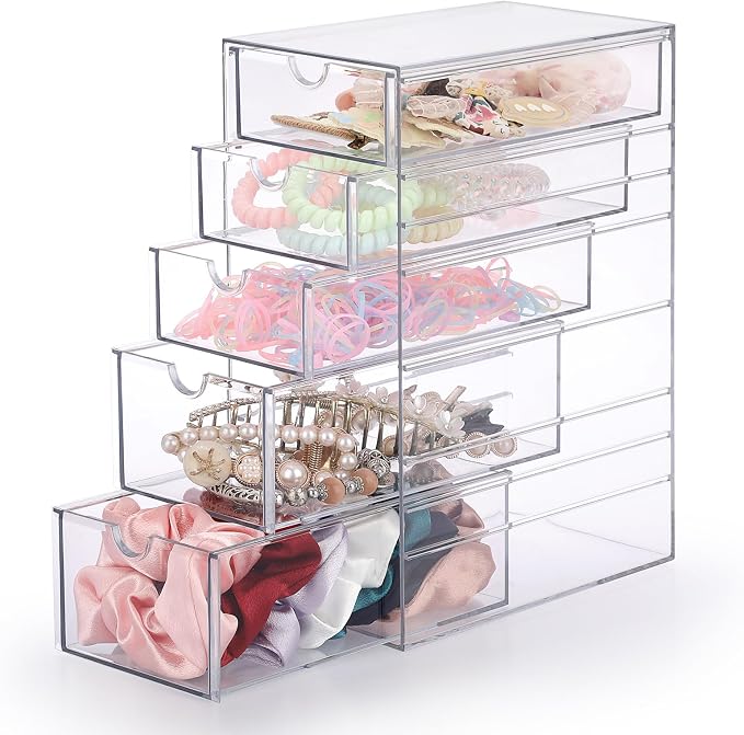 Hipiwe 5-Drawers Plastic Storage Organizer, Clear Hair Accessories Organizer with Large Capacity for Bathroom, Dresser, Cosmetic Hair Tie Container for Girls Women | Large Capacity Drawers Box for Bathroom, Dresser, Cosmetic Hair Tie Container for Women