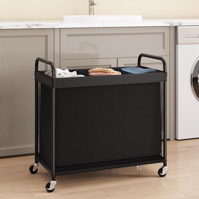 ELYKEN Laundry Hamper 3 Section, 120L Rolling Laundry Sorter with Wheels | Removable Washable Liner Bags, Sturdy Steel Frame and Metal Handle, 3 Compartment Clothes Organizer for Laundry Sorting