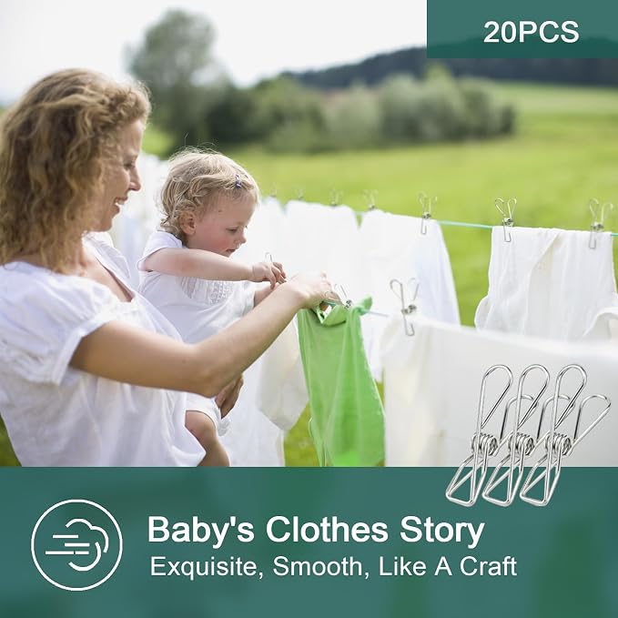 20 PCS Clothes Pins Heavy Duty Outdoor Metal Clothespins Bags Photo Clips | pin stainless outdoor steel clothesline chip strong line wooden clothespin plastic bulk outside close cloths hanging bags