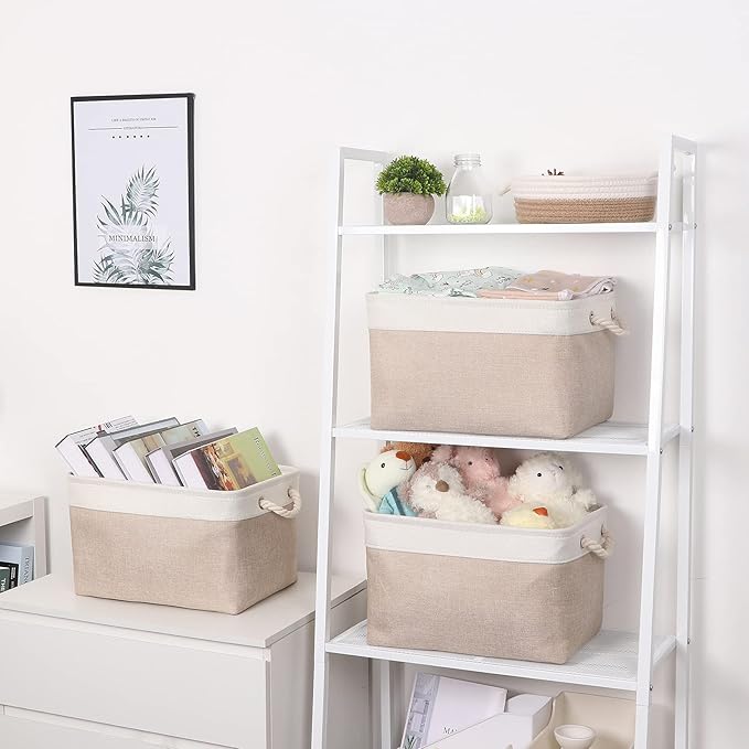 Bidtakay Large Fabric Baskets with Handles [3-Pack] Collapsible Storage Basket for Shelves 15 X 11 X 9.5 inches Canvas Bins for Closet Organization (White&Beige)