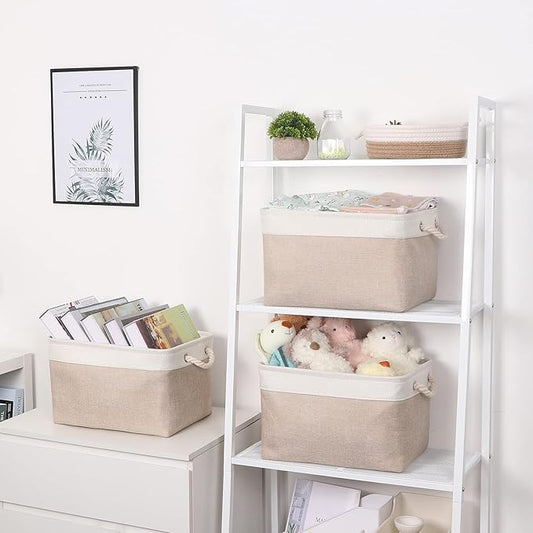 Bidtakay Large Fabric Baskets with Handles [3-Pack] Collapsible Storage Basket for Shelves 15 X 11 X 9.5 inches Canvas Bins for Closet Organization (White&Beige)