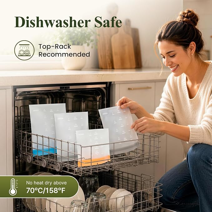Dishwasher Safe Reusable Storage Bags Stand Up - BPA Free Reusable Sandwich Bag - Leakproof Gallon Freezer Bags, Food Storage Bags - Multicolor 6 Large + 6 Sandwich + 6 Snack Bags